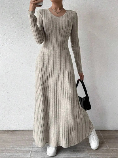 Fashionable Knitted Long Sleeve A- Line Streetwear Dress For Women Smooths And Slims Your Silhouette Solid Color Long Dress