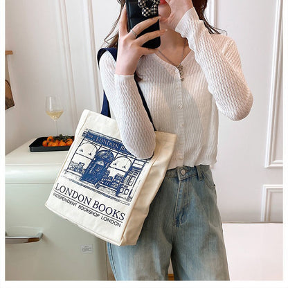 Canvas Women Handbags Shoulder Underarm Bag London Books Print Handbag Large Capacity Ladies Shopping Tote Bag Student Book Bags
