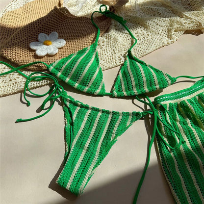 Orange Striped Swimwear Halter String Triangle Bikinis Sets 3 Pieces Bottoms Shorts Mini Micro Thong Sexy Swimsuit Woman 2025