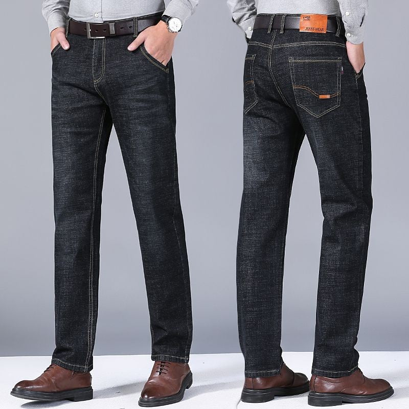Calça Jeans Masculina Primavera Outono Negócios Casual Confortável Reta Denim Elástica Moda Clássica Macia Premium Azul Preto