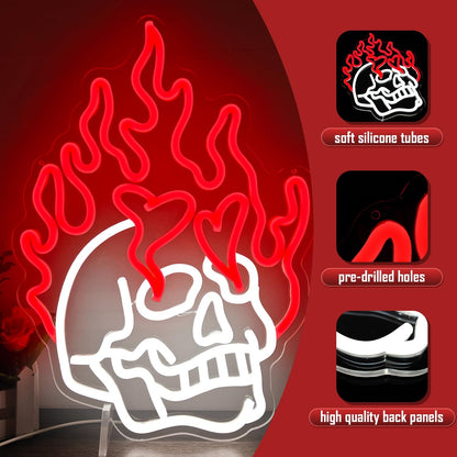 Paredes de Neon Chama de Crânio Decoradas com LEDs de Halloween Reguláveis, Alimentadas por USB, Decorações de Festa de Halloween para Caverna Masculina, Bar, Clube, Sala de Jogos