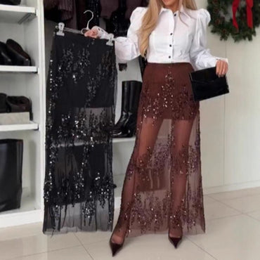 Fashionable Sequin Mesh Hollow Out Skirt Woman Sexy High Waist Slim Long Skirts New Spring Summer Lady Hips Skirt Harajuku Mujer