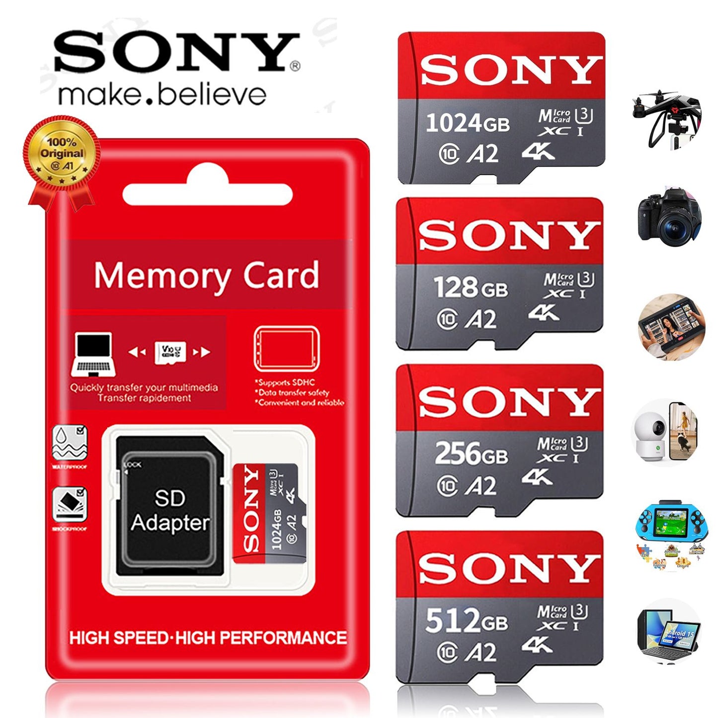 Cartão Micro TF SD SONY Cartão de memória SD Extremo 1TB 512GB 128GB 256GB U3 V30 4K Cartões de memória flash completos para telefone computador câmera