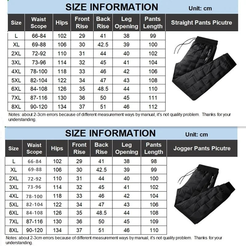 Calças Masculinas de Pena de Pato para Exterior, Acolchoadas, Inverno, 8GG, 7GG, 6GG, Jogger, Quente, Impermeável, Térmica, Tamanhos Grandes, Roupas Resistentes ao Frio