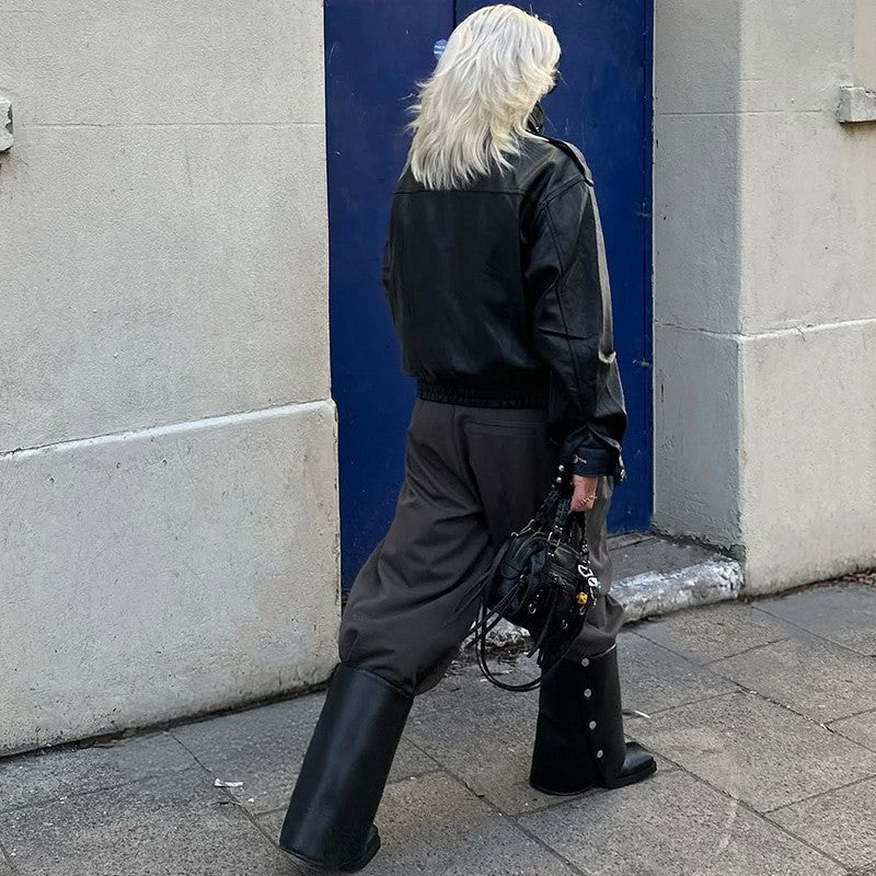 Fashion PU Leather Stand Up Coat for Women Casual Long Sleeve Zipper Lady Jackets 2025 Autumn New Female Outerwear High Street