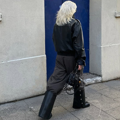 Fashion PU Leather Stand Up Coat for Women Casual Long Sleeve Zipper Lady Jackets 2025 Autumn New Female Outerwear High Street