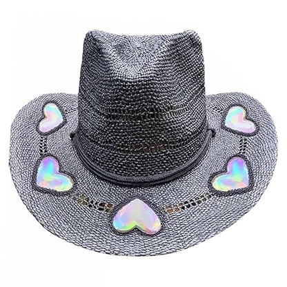 Suncatcher Chapéu de Sol com Estampa de Vaca e Palha, Chapéu de Palha Trançado à Mão, Chapéu de Cowboy com Aba Larga Modelável, Chapéu Arco-Íris, Chapéu de Sol de Verão para Praia para Mulheres