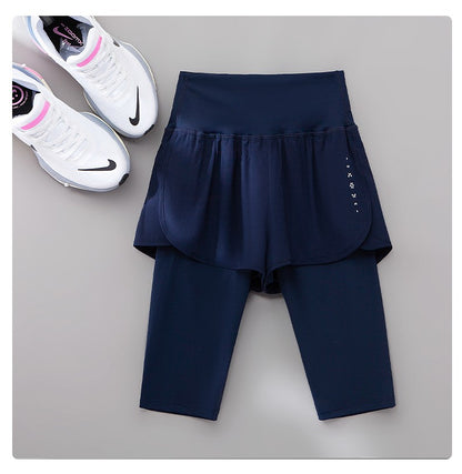 DRUR Knee Length Yoga Pants Summer 2 In 1 Gym Running Shorts Women High Waist Workout Leggings Yogawear Fitness Clothing New