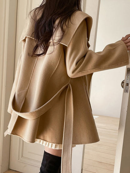 Winter Woolen Coat Women Chic Navy Collar Belted Waist Cinched Midi Length Tweed Trendy Korean Sle Commute Long Sve