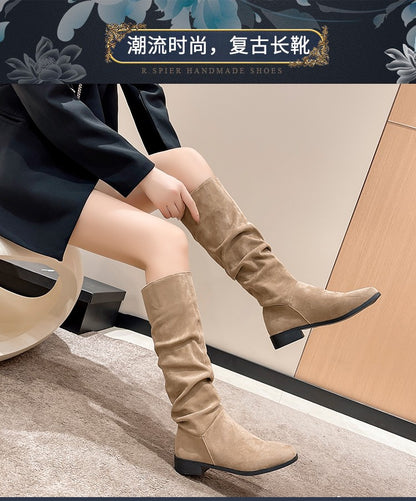 Pleated Boots Women Faux Suede Flock Knee High Boots 2024 Winter Women Fashion Slip on Square Low Heel Knight Booties Mujer 202