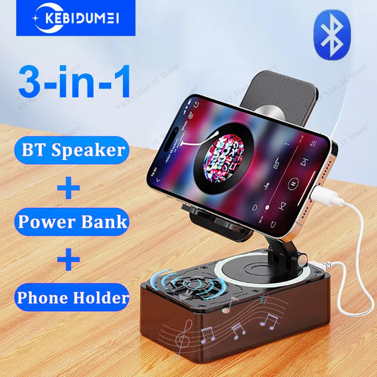 Caixa de som Bluetooth 3 em 1 com power bank e suporte dobrável para celular, com almofadas antiderrapantes para reuniões em vídeo e transmissões ao vivo