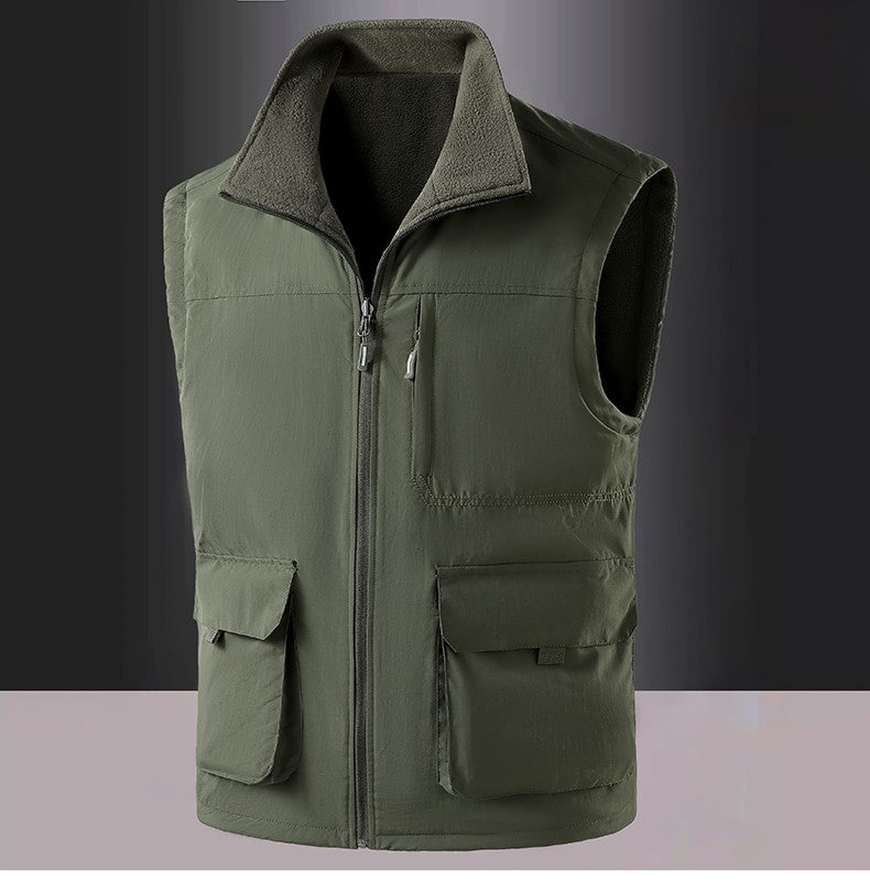 Colete de Pesca Masculino de Veludo Outono e Primavera Novo, Casaco de Veludo para Homem, Colete de Trabalho Solto e Moderno com Vários Bolsos para Homens de Meia-Idade
