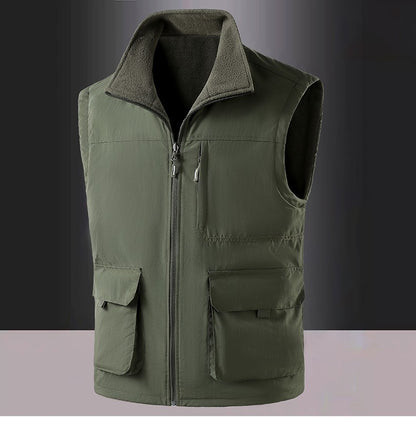 Colete de Pesca Masculino de Veludo Outono e Primavera Novo, Casaco de Veludo para Homem, Colete de Trabalho Solto e Moderno com Vários Bolsos para Homens de Meia-Idade