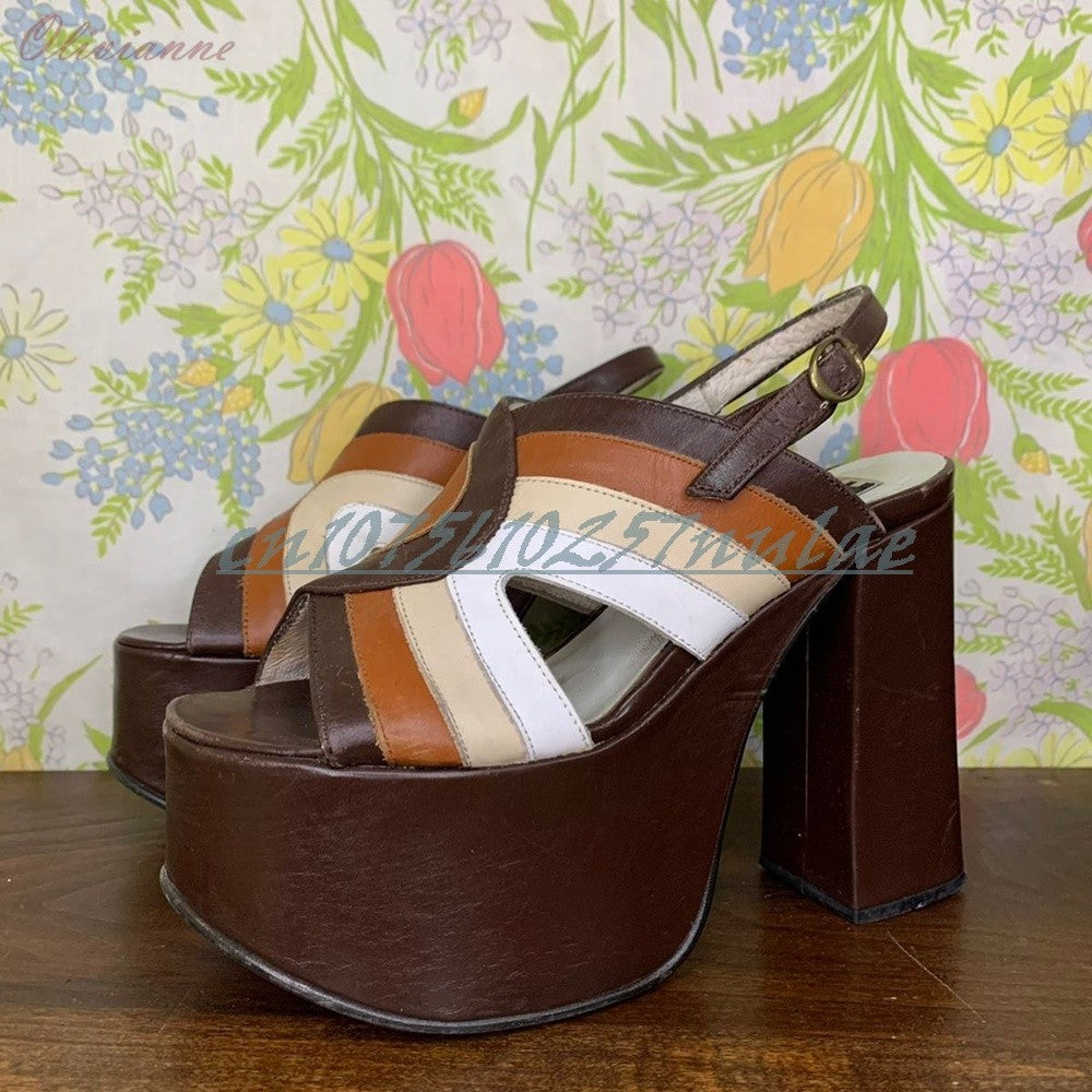 Mutilcolor Cross Tied Hollow Elegant Sandals Slingback Chunky High Heel Retro Style Women Shoes 2025 Summer Zapatos Para Mujere