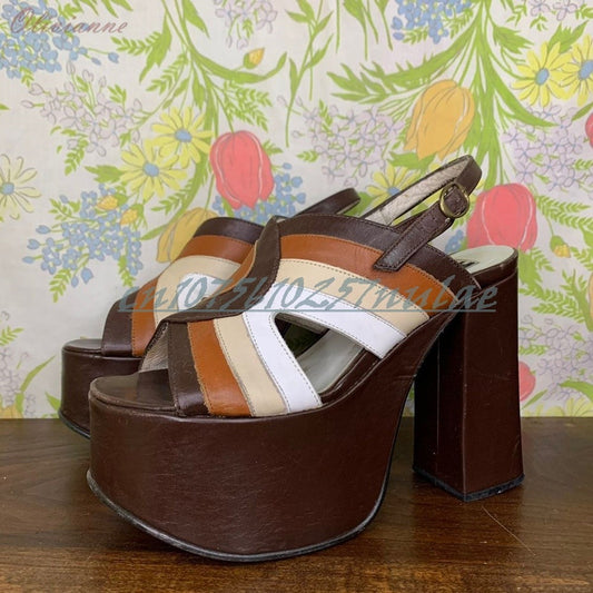 Mutilcolor Cross Tied Hollow Elegant Sandals Slingback Chunky High Heel Retro Style Women Shoes 2025 Summer Zapatos Para Mujere