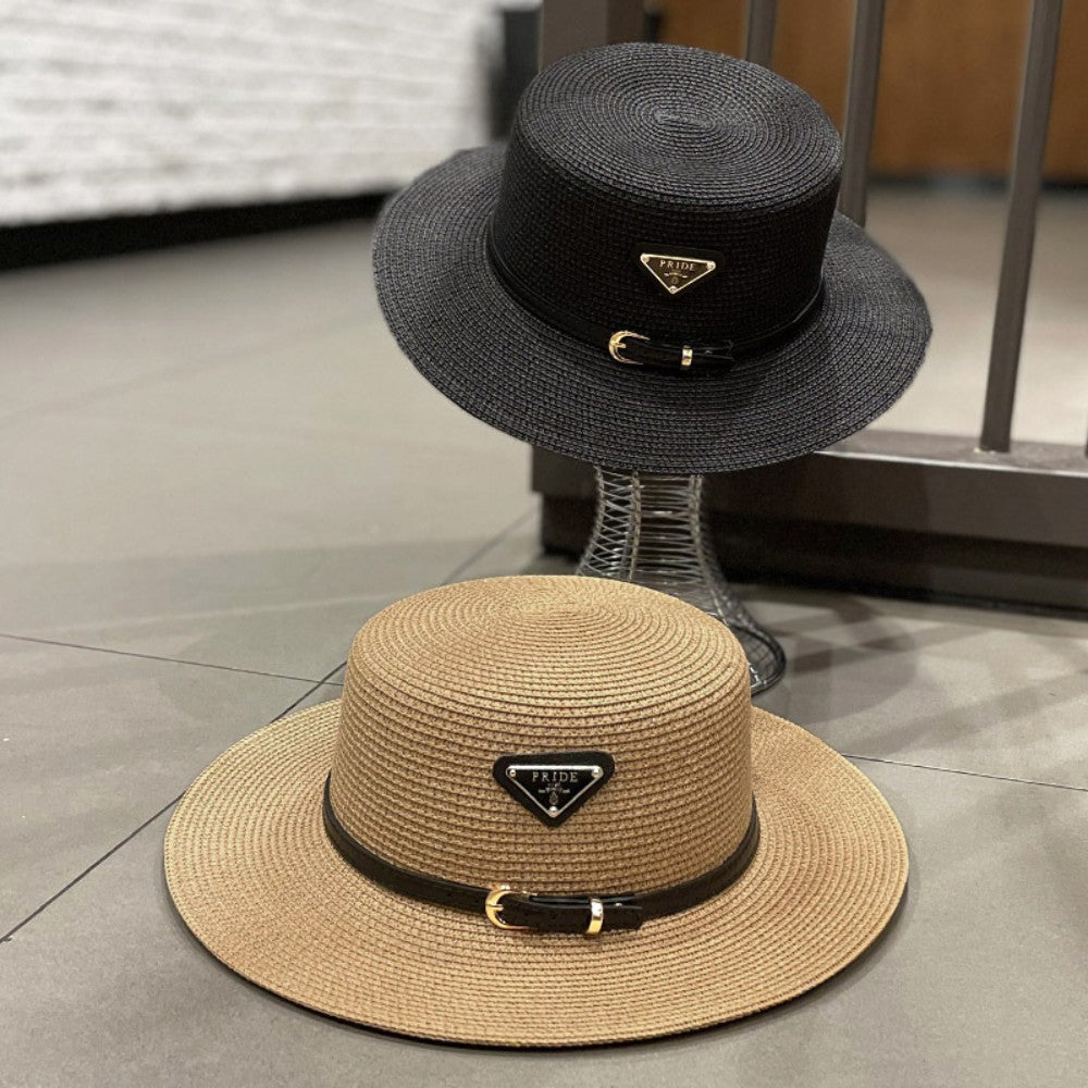 Straw Sun Hat for Children Kids Triangular Metal Logo Woven Beach Hat Spring Summer Fashion Vacation Sun Protection Wide Brim