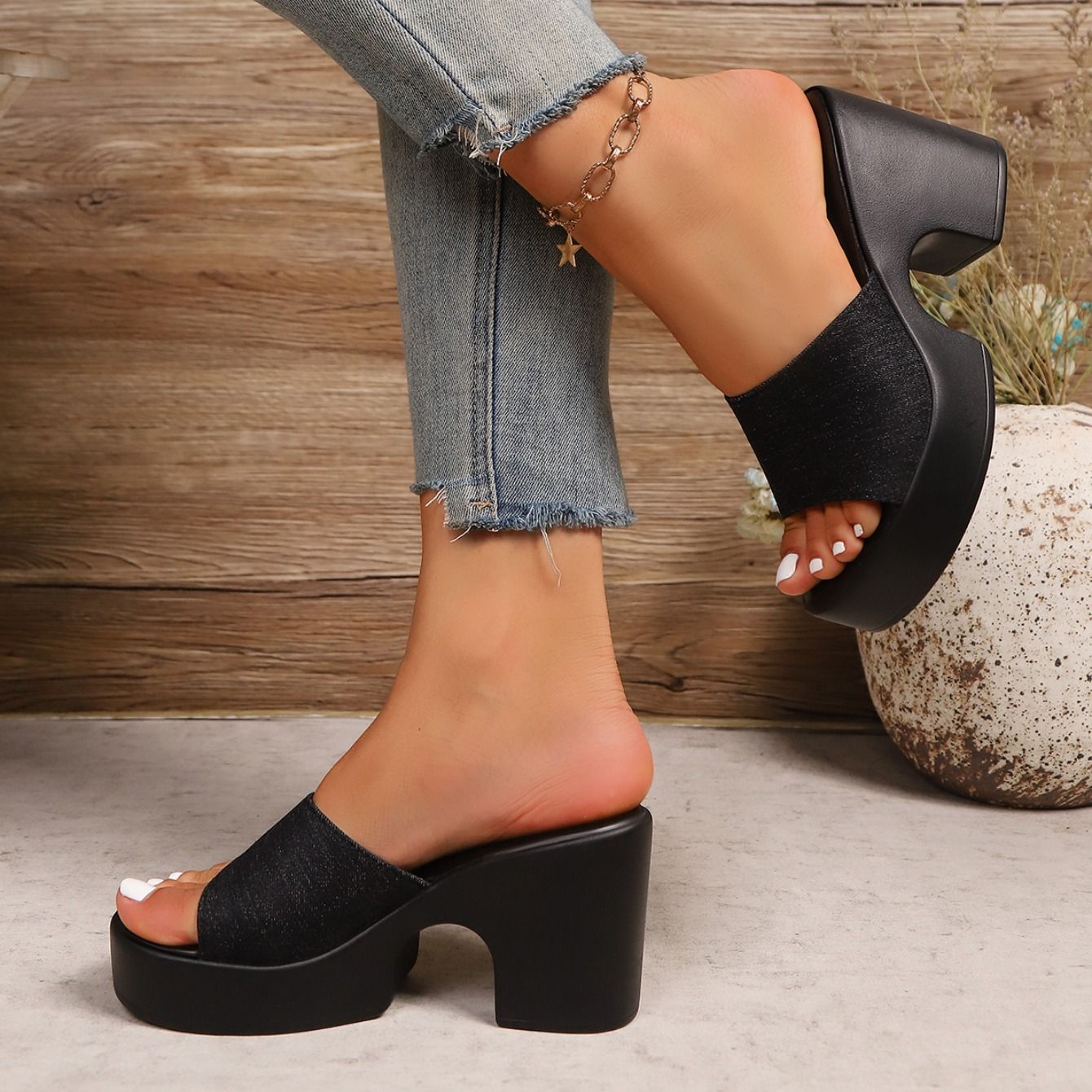 Summer Women Sandals Open-Toe Thick Platform Sandals Flip Flops Outdoor Chunky Heel Fashion Minimalist High Heels Shoes Women
