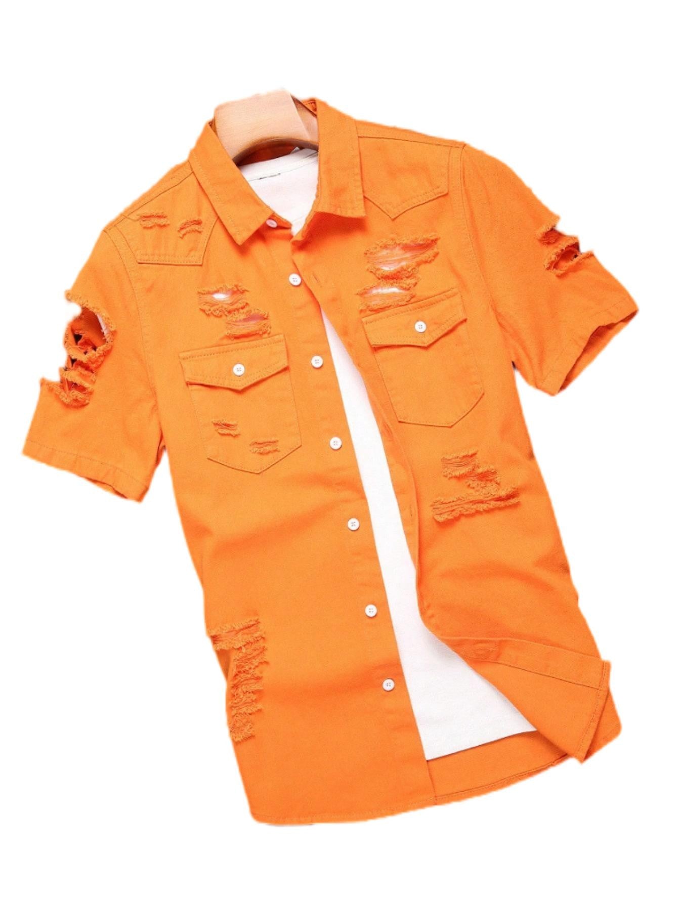 Men's summer orange short - sleeved denim shirt with holes. In a stylish and casual style.