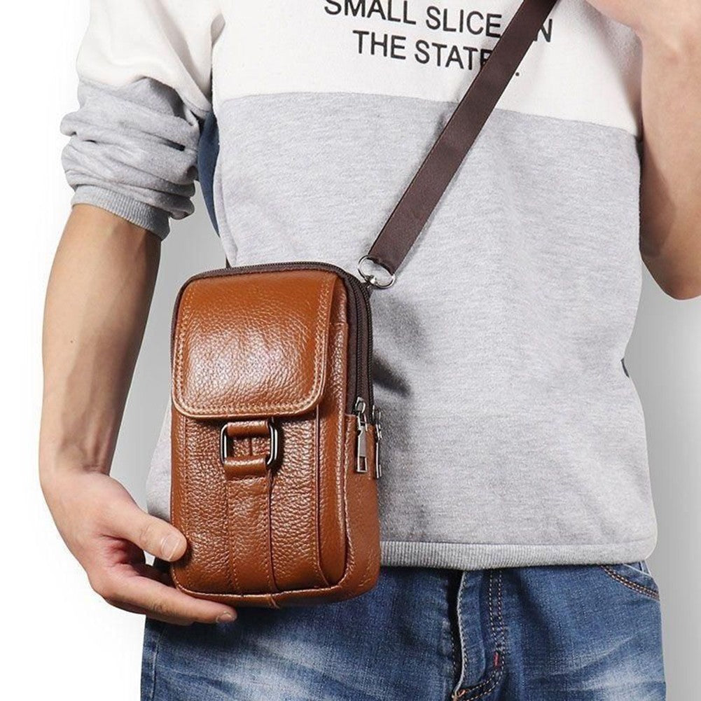 Portable Men Messenger Bags Cowhide Leather Cell Phone Belt Pack Fashion Simple Multi-pockets Casual for Outdoor Sport