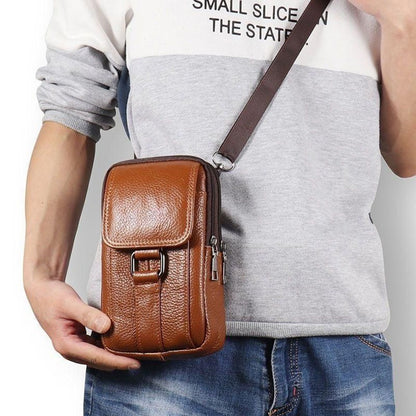Portable Men Messenger Bags Cowhide Leather Cell Phone Belt Pack Fashion Simple Multi-pockets Casual for Outdoor Sport