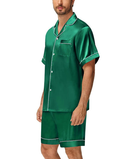 Men's Luxury Satin Pajama Set Short Sleeve Lapel Front Buttons Top And Elastic Shorts Comfortable Fit Loungewear Sleepwear Pjs