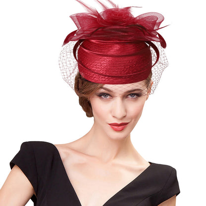 FS Casamento Igreja Chapéus Vermelhos Fascinadores Para Mulheres Com Véu de Pena Festa Coquetel Adorno de Cabeça 2025 Senhora Elegante Chapéu Kentucky Derby