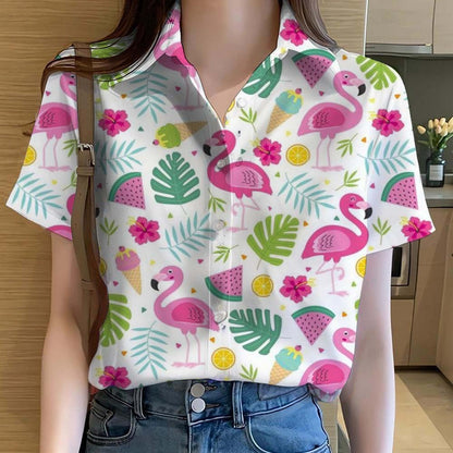 Womens Shirts  Cartoon Animal flamingo 3D Printed Casual Hawaiian Short Sleeve Button Beach Shirt Summer y2k Women's Clothes