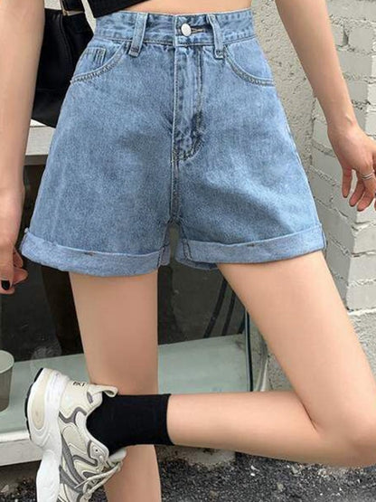 Summer 2024 New Women Rolled Edge Hot Denim Shorts Lady Korean Mini Pants Girls Elastic Blue Black Black Gray A Line Short Jeans