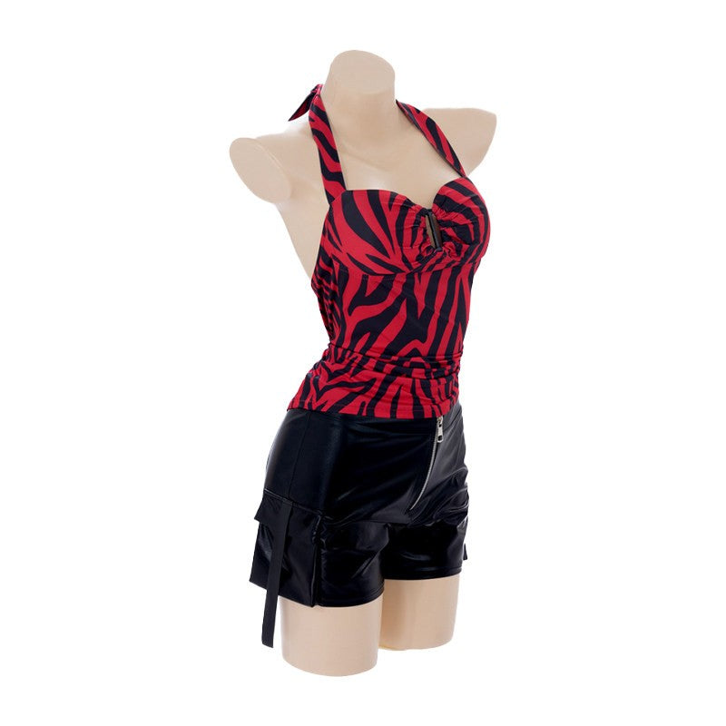 Infatuated with Nikki cosplay costume zebra print backless top faux leather workwear shorts punk street style Halloween carnival