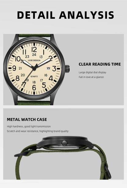 LIGE Top Brand Luxury Men Quartz Watch Date Nylon Leather Waterproof Luminous Military Sports Watches For Men relogios masculino