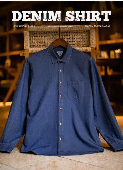 Maden Men Vintage Single Pocket Workwear Denim Shirt Long Sleeved Slim Fit Casual Shirt Single Breasted Turn-Down Collar Blouse