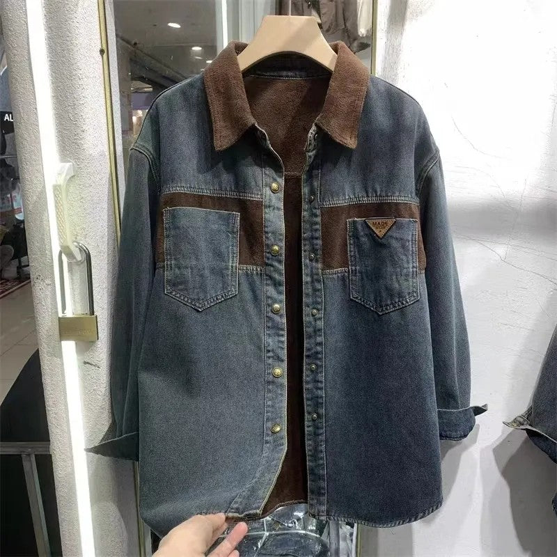 Women's Denim Blouse 2025 Autumn Winter Mid Length Version Add Velvet Ladies Tops Long Sleeve Versatile Lady Cowboy Shirt