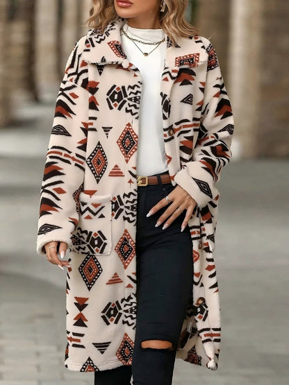 2025 New Women's Overcoat Jacket European American Style Single-breasted Ethnic Printed Fleece Long Length For Autumn Winter