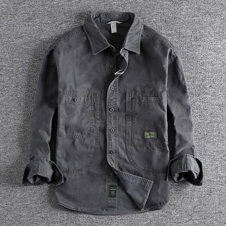 2025 Autumn New American Retro Woven Twill Cargo Shirt Men's Fashion 100% Cotton Washed Long Sleeve Double Pocket Casual Jacket