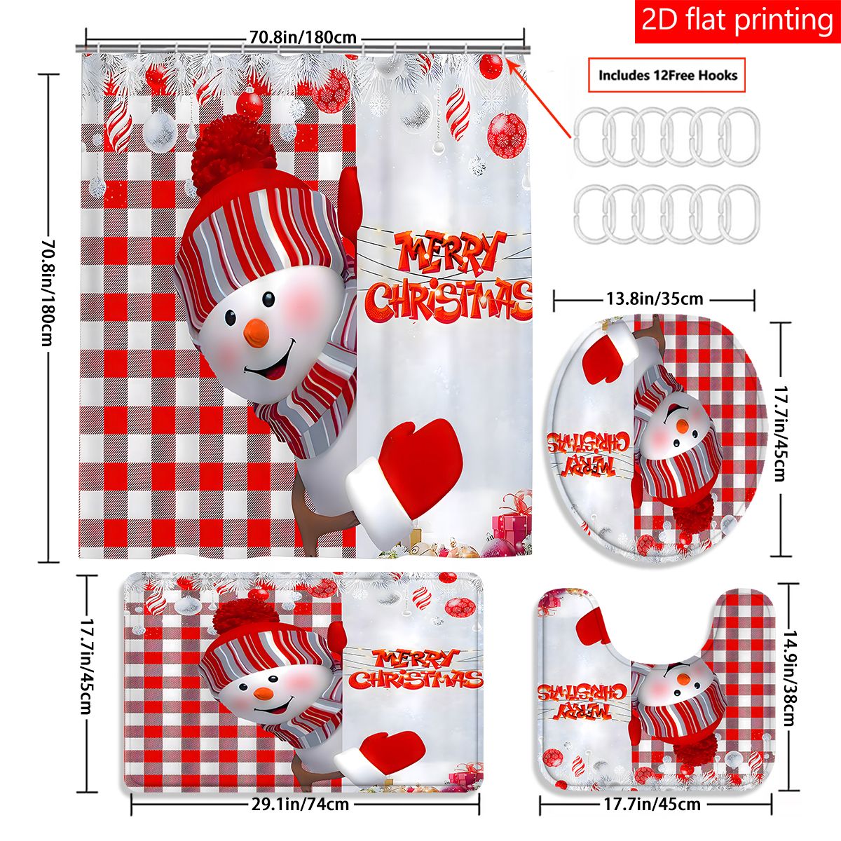 4pc Christmas red checkered snowman bath curtain, bath curtain waterproof fabric bathroom decorative curtain with 12 hooks, anti