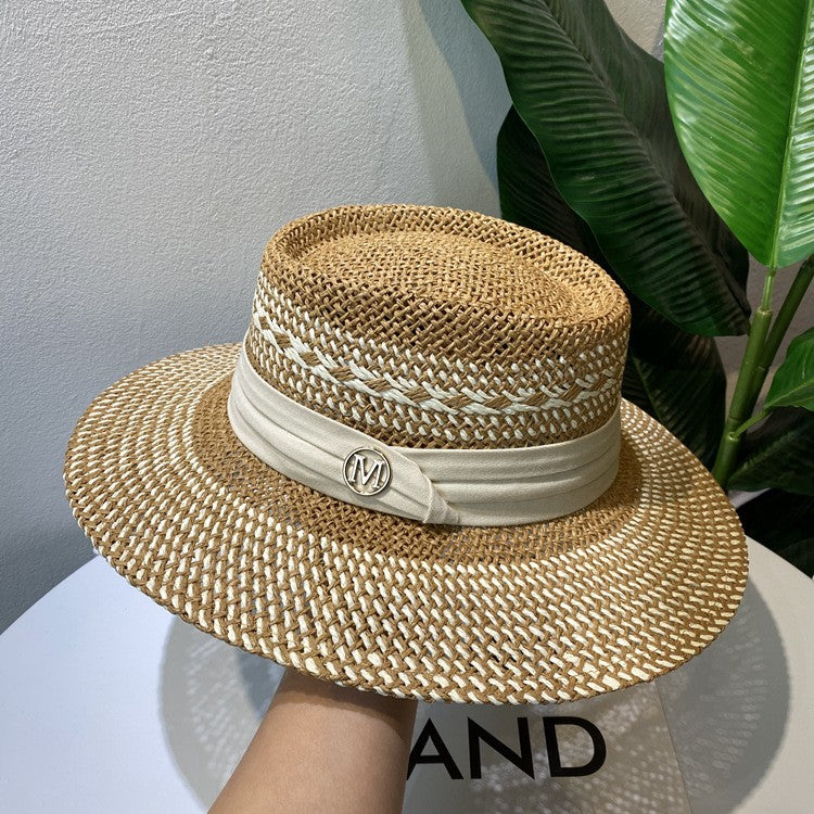 Chapéu de Palha Feminino de Verão Chapéu de Sol Luxuoso Feminino Chapéu de Praia de Proteção Solar da Moda Chapéu Panamá Francês Chapéu Raff de Aba Larga com Topo Abaulado
