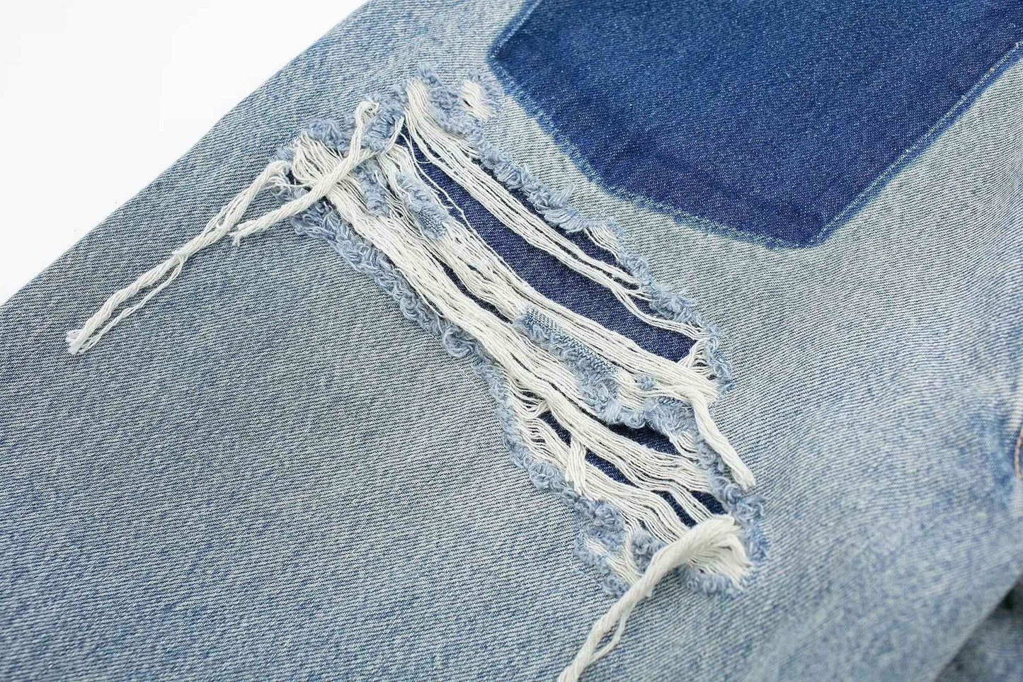 HH 2024 Women's Street Fashion Denim Blue Jeans Distressed Patchwork High Waist Zipper Fly Ripped Retro Long Pants