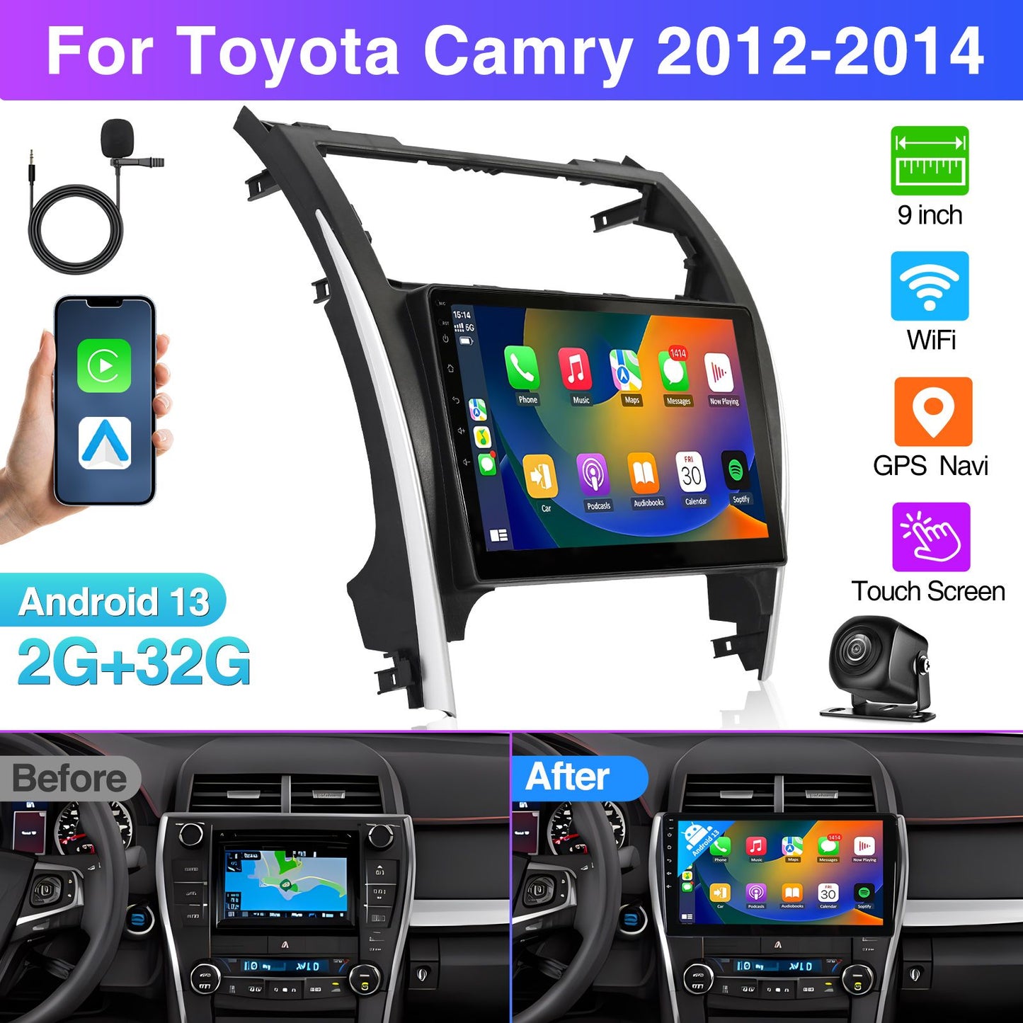 10.1 Inch Car Radio Stereo For 2012-2014 Toyota Camry Wireless CarPlay 1080P Android 13 GPS Navigation AHD Camera Microphone