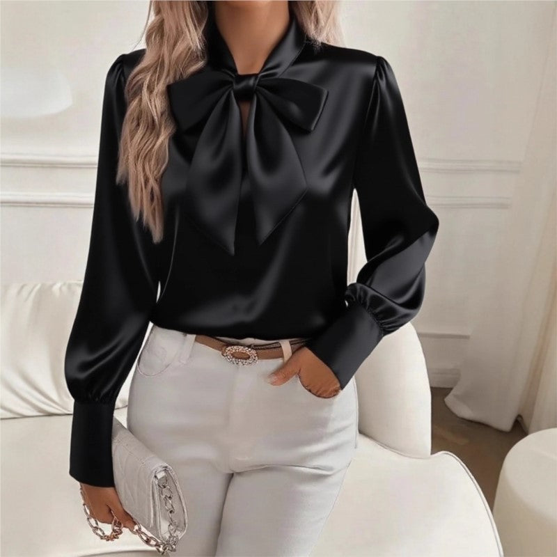 Autumn New Solid Color Sexy Hollow Bow Satin Shirt Women's Casual Comfortable Long Sleeved Top Blusas Elegante Feminina