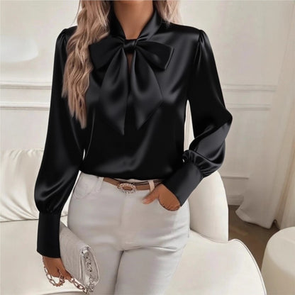 Autumn New Solid Color Sexy Hollow Bow Satin Shirt Women's Casual Comfortable Long Sleeved Top Blusas Elegante Feminina
