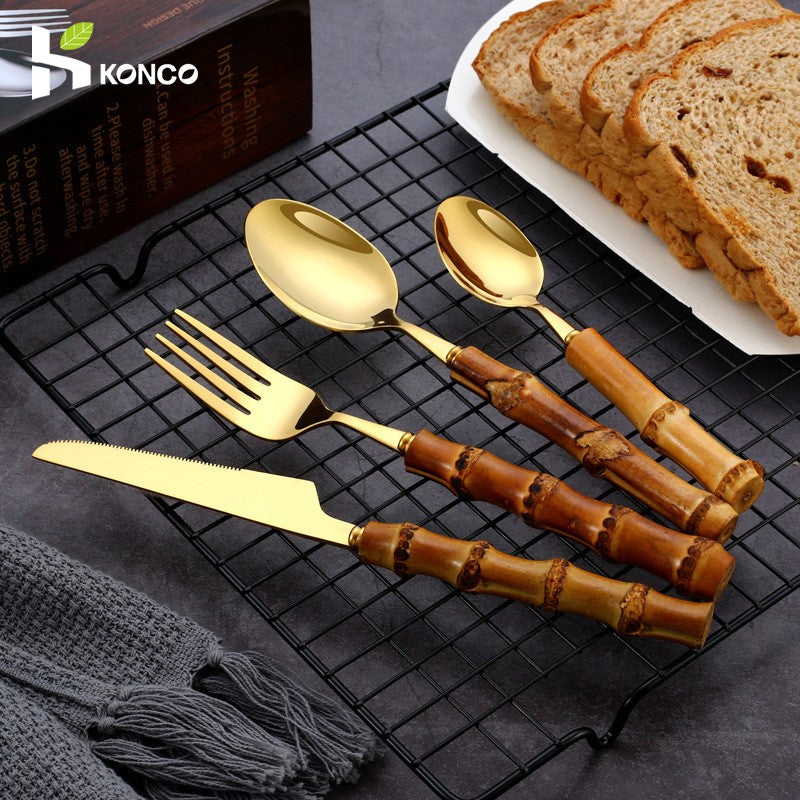 Conjunto de Talheres de Bambu 1 peça/4 peças Aço Inoxidável Dourado Faca Garfo Colher Louça Talheres Seguros para Lava-louças Conjunto de Talheres