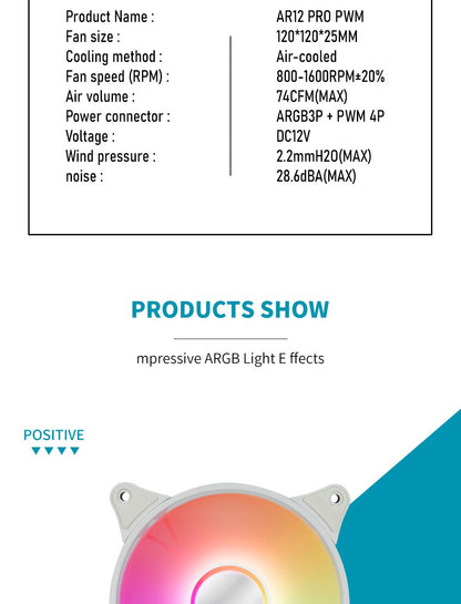 Aigo AR12PRO Computer Case Fan Ventoinha PC 120mm RGB Fan 4pin PWM CPU Cooling Fan 3pin5v Unlimited Space Argb 12cm Ventilador