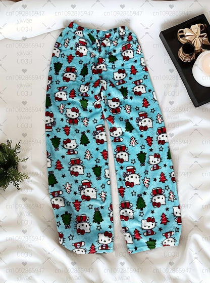 2025 Winter Women Hello Kitty Christmas Tree plush Pajama Pants Soft Trousers Cute Women Casual Home Anime Cartoon  Pajama Pants