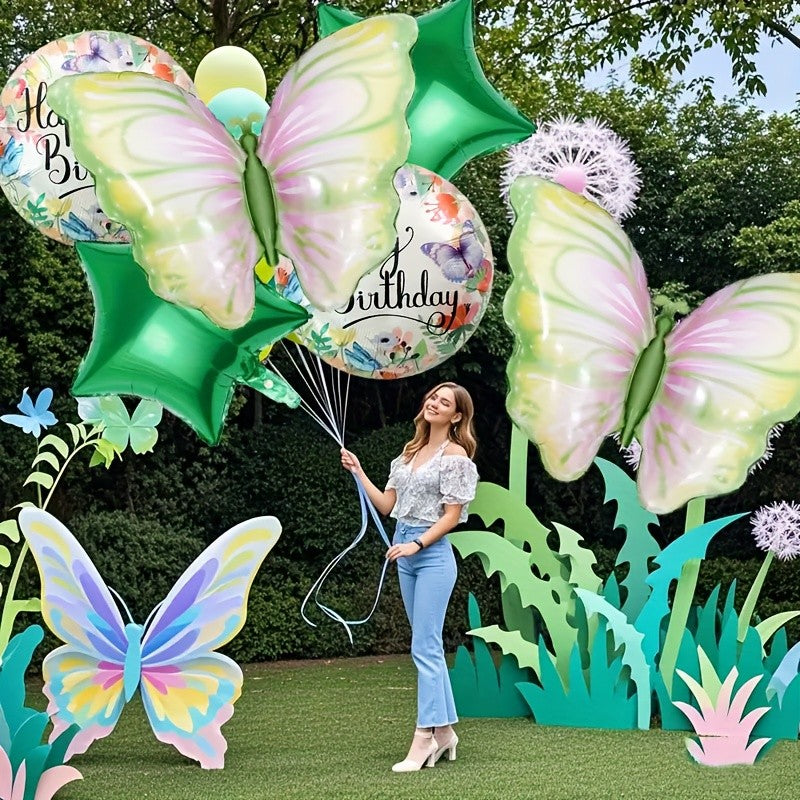 7 Green Butterfly Balloon Luminous Latex with Star Floral Decor Princess Birthday Anniversary Home Party Garland Decor Supplies
