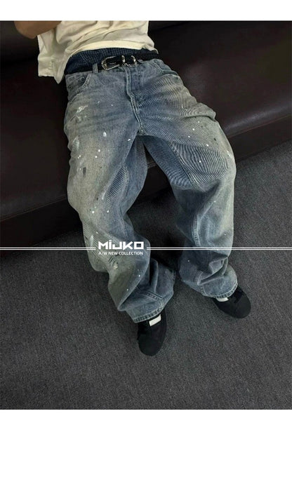 MIJKO Tie Dye Splatter Paint Denim Jeans Men's Loose Wide Leg Jeans American TJ131