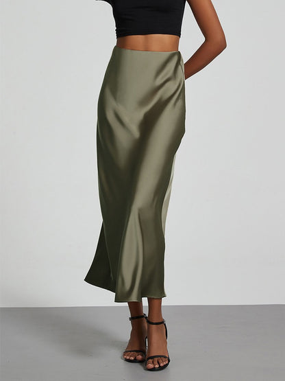 Fashion Satin Party Long Skirt High Waist Solid Color Casual Basic Women Skirts