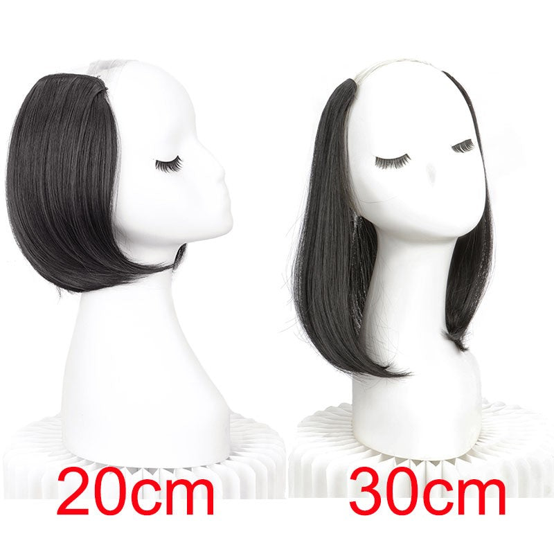 Extensão de Cabelo Invisível de 20/30cm com Fivela Interna Curta Reta Sintética em V, Meia Cabeça com 4 Presilhas, Peruca para Mulheres