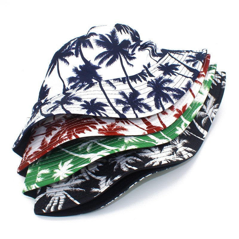 Hawaii double-sided coconut tree fisherman hat men's and women's casual printed basin hat summer travel sun protection hat