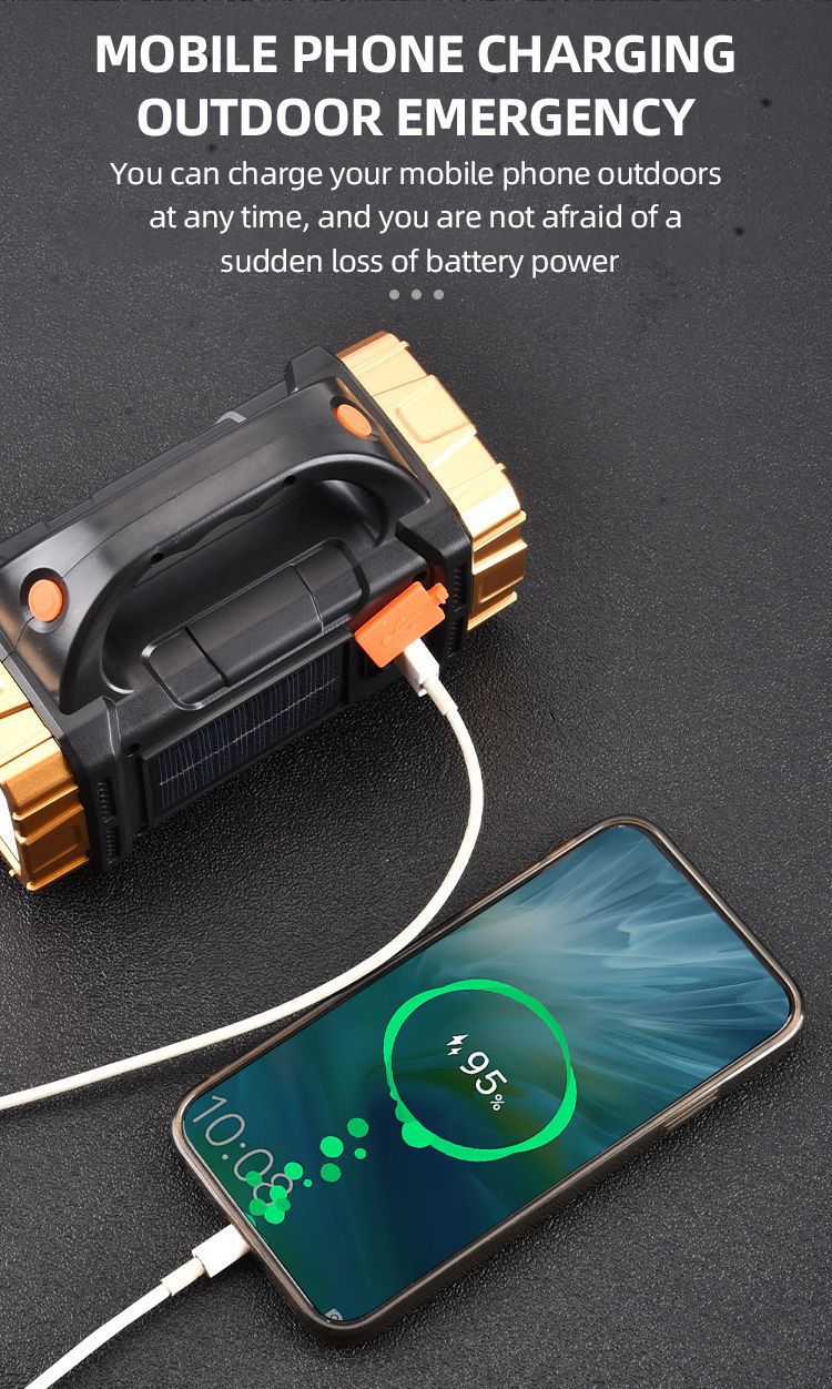 Portable Powerful Solar LED Flashlight With COB Work Lights USB Rechargeable Handheld 4 Lighting Modes Outdoor Solar Torch Light