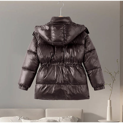 Glossy Shiny Women 's Down Jackets Vintage Hooded Zipper Puffer Full Sleeve Jackets For Woman 2025 Woman Winter Coats Outwears